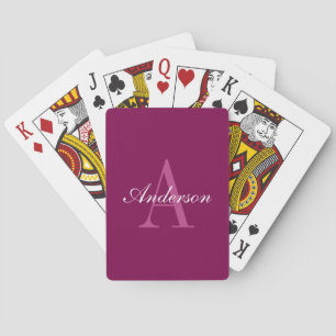 Jeu De Cartes Magenta Rouge Élégant, Nom & Monogramme Rose & Bla