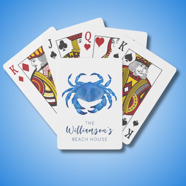 Jeu De Cartes Maison de plage Blue Crab (Blue coastal crab playing cards with customizable text for family name or beach house.)