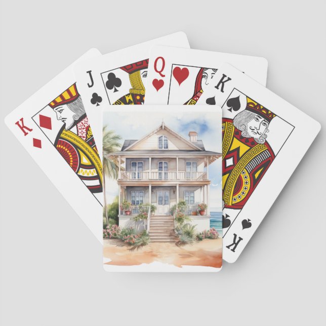 JEU DE CARTES MAISON DE PLAGE D'ÉTÉ À L'AQUARELLE PASTEL (dos)