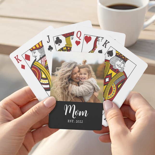 Jeu De Cartes Maman Texte de script établi Photo noire (Mom established in white script with a favorite personalized photo)