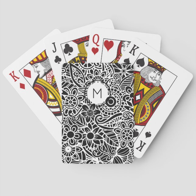Jeu De Cartes Mandela Monogramme Floral INITIAL Noir Blanc  (dos)