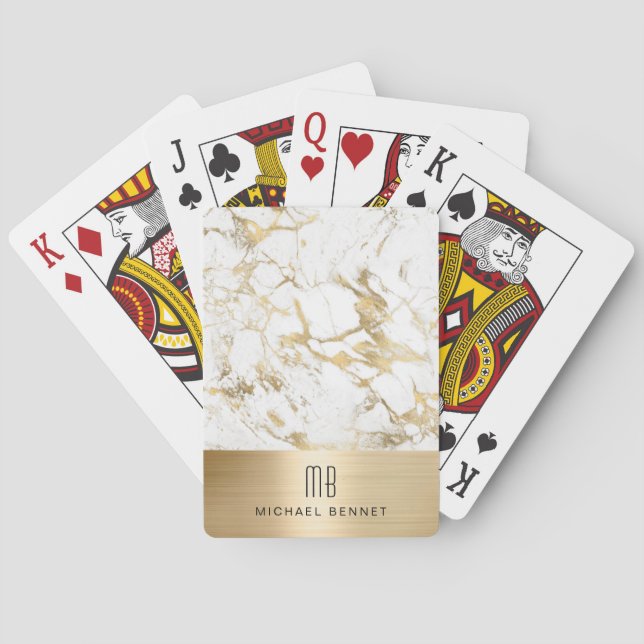 Jeu De Cartes Marbre Blanc Or Élégant Monogrammé (dos)