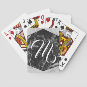 Jeu De Cartes Marbre Noir Blanc & Argent Monogramme Moderne Glam