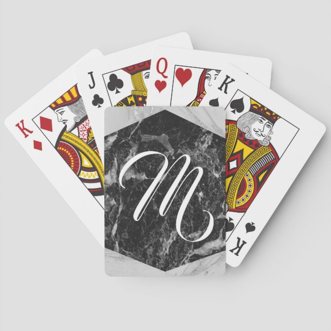 Jeu De Cartes Marbre Noir Blanc & Argent Monogramme Moderne Glam (dos)