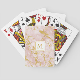 Jeu De Cartes Marbre Rose Élégant Monogramme Paillettes Faux Or