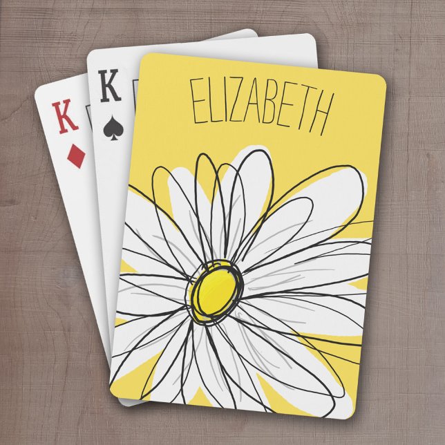 Jeu De Cartes Marguerite lunaire jaune et blanc avec texte perso (Whimsical Daisy Drawing with a place to add your name - personalized playing cards)