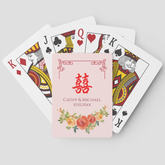 Jeu De Cartes Mariage à cadre chinois de fleurs jaunes orange (dos)