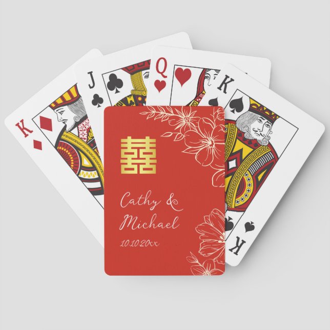 Jeu De Cartes Mariage chinois élégant moderne floral script roug (dos)
