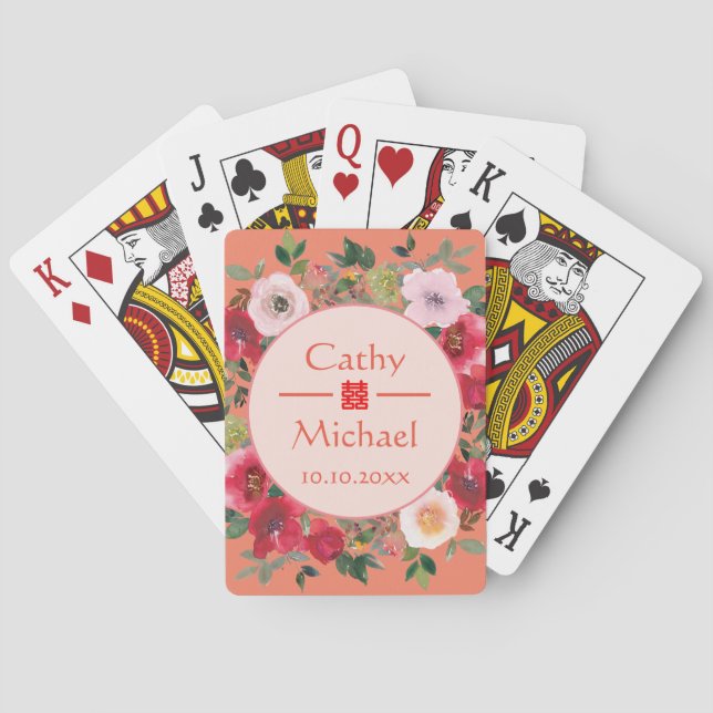 Jeu De Cartes Mariage chinois moderne orangé cercle fleuri (dos)