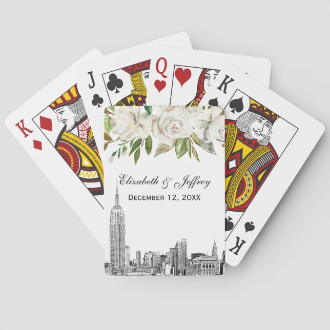 Jeu De Cartes Mariage d'aquarelle florale blanche NYC Skyline ES (dos)