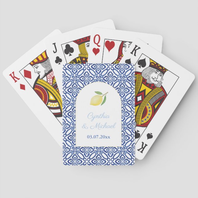 Jeu De Cartes Mariage moderne méditerranéen citron bleu carrelag (dos)
