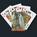Jeu De Cartes Mariage Vintage, Mariés avec Ménorah<br><div class="desc">Illustration vintage d'amour et de romance de cérémonie de mariage représentant un couple se mariant dans une belle synagogue avec des vitraux,  des fleurs et une ménorah à sept branches. La mariée porte une longue robe de mariée blanche et le marié est beau dans son smoking.</div>