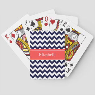 Jeu De Cartes Marine Bleu Blanc Chevron Corail Nom rouge Monogra