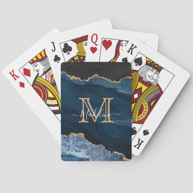 Jeu De Cartes Marine Blue Gold Agate Monogramme Nom Script Initi (dos)