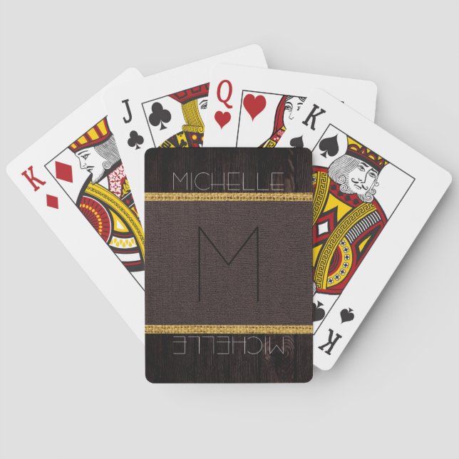 Jeu De Cartes Marron Monogramme Aspect Bois Toile Burlap Rustiqu (dos)