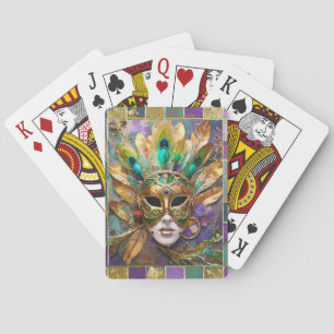 Jeu De Cartes Masque de plumes de paon vert et or de Mardi Gras