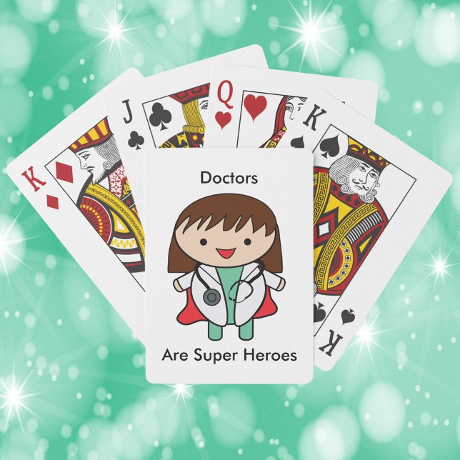 Jeu De Cartes Médecins Super Héros Femme Funny Kawaii (A deck of playing cards with a picture of a woman doctor and the text, "Doctors Are Super Heroes".)