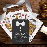 Jeu De Cartes Meilleur Homme Jouer Cartes Cadeau Mariage<br><div class="desc">Ce jeu amusant de cartes à jouer est conçu comme un cadeau pour le meilleur mariage. Les dossiers sont noirs avec une cravate arc blanche et des boutons. Le texte est blanc et dit "Meilleur Homme" avec une place pour son nom, le nom du couple et la date du mariage....</div>