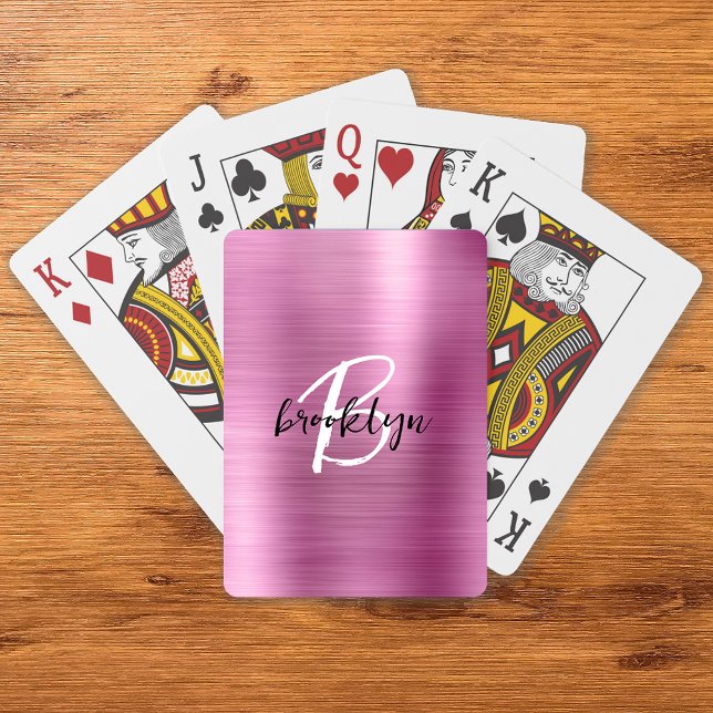 Jeu De Cartes Métal brossé rose Noir Blanc Script Monogramme (Créateur téléchargé)