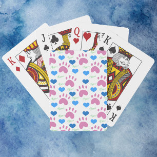 Jeu De Cartes Mignon Empreintes de Patte de Chat Rose Cœurs Bleu