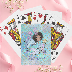 Jeu De Cartes Mignonne Sirène à cheveux noirs Nom personnalisé F