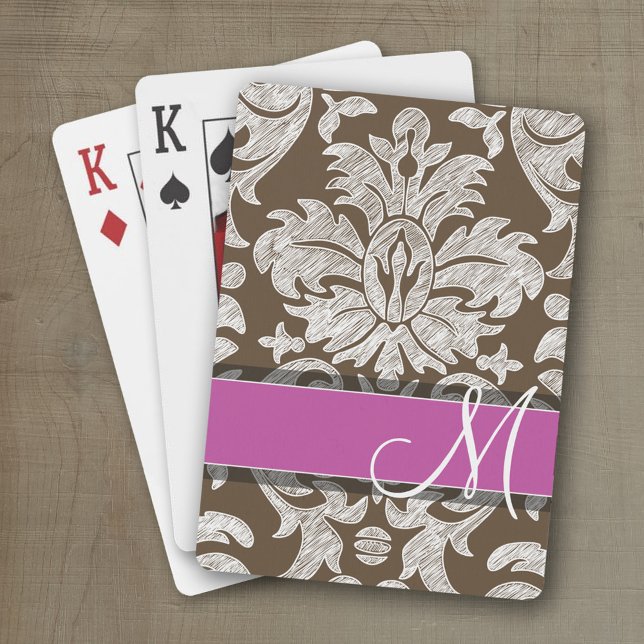 Jeu De Cartes Modèle de chocolat et de magenta Damask Monogramme (Personalized playing cards with a fun area to add text such as a name or monogram)