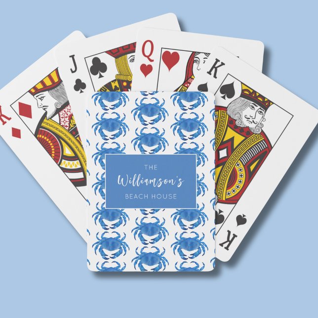 Jeu De Cartes Modèle de crabe bleu Maison de plage familiale (blue crab personalised family name beach house playing cards)