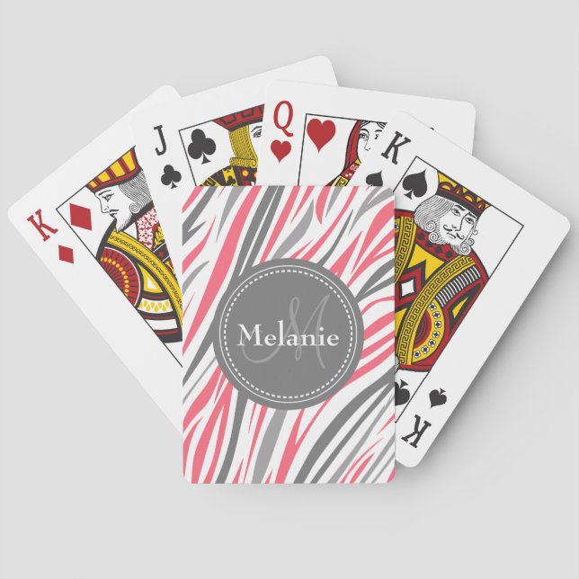 Jeu De Cartes Modèle de zèbre rose et gris monogramme (dos)