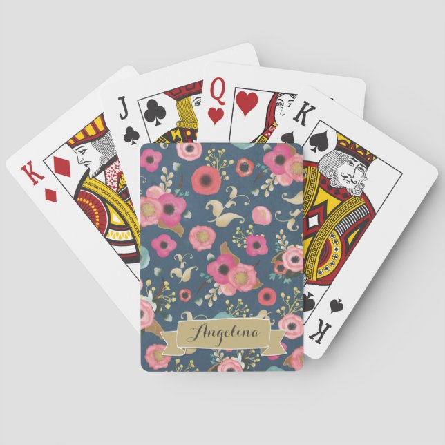Jeu De Cartes Modèle floral de la marine Cartes de jeu personnal (dos)