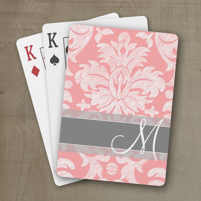 Jeu De Cartes Modèle moderne dentelle Damas - Corail et gris (Personalized playing cards with monogram or custom text)