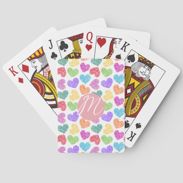 Jeu De Cartes Moderne Vibrant Rainbow Doodle Hearts Monogramme (dos)