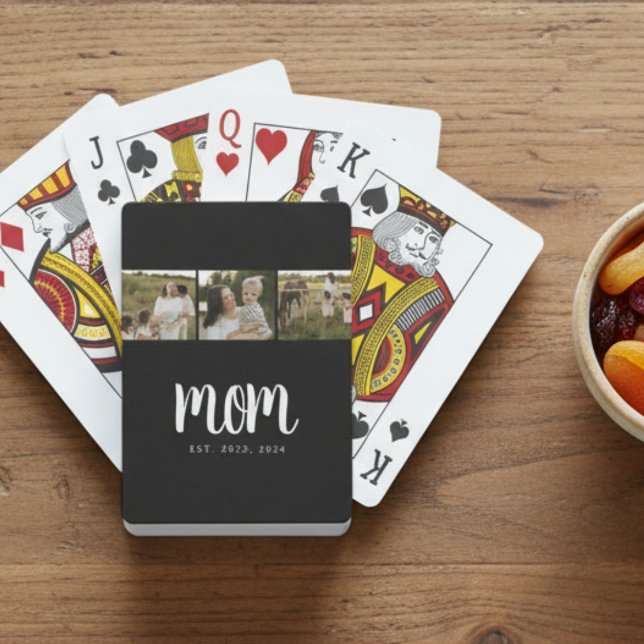 Jeu De Cartes Mom Established Modern Bold Script Black 3 Photo (modern 3 photo black and white script mom established card deck stocking stuffer small gift for mom)