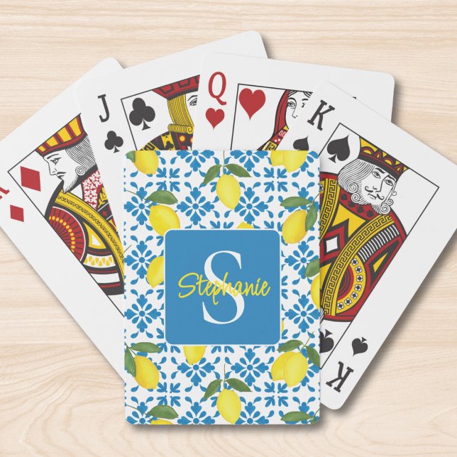Jeu De Cartes Monogram Name Blue French Tile Lemon Pattern  (Créateur téléchargé)
