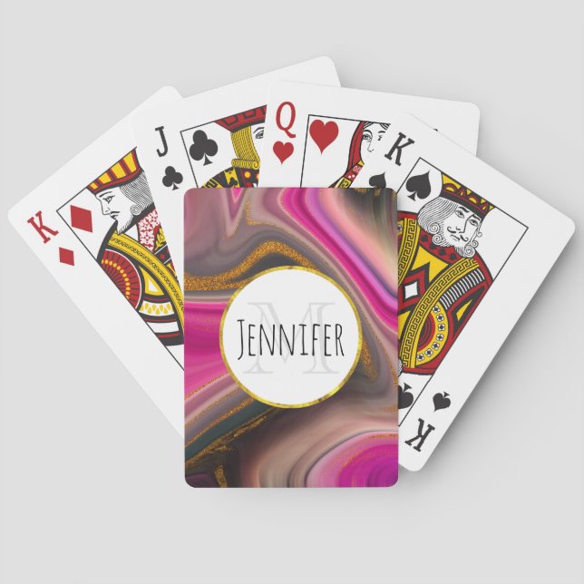 Jeu De Cartes Monogramme abstrait rose et noir avec tourbillons  (dos)