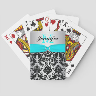 Jeu De Cartes Monogramme Aqua Noir Argent Damas Jouer Cartes