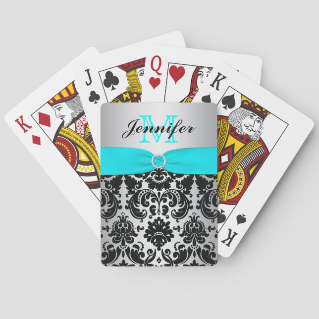 Jeu De Cartes Monogramme Aqua Noir Argent Damas Jouer Cartes (dos)