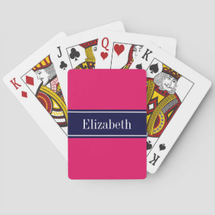 Jeu De Cartes Monogramme avec Ruban Bleu Marine et Framboise Uni