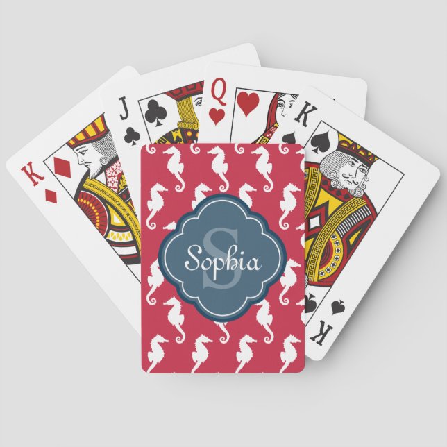 Jeu De Cartes Monogramme bleu Motif de cheval rouge unique (dos)