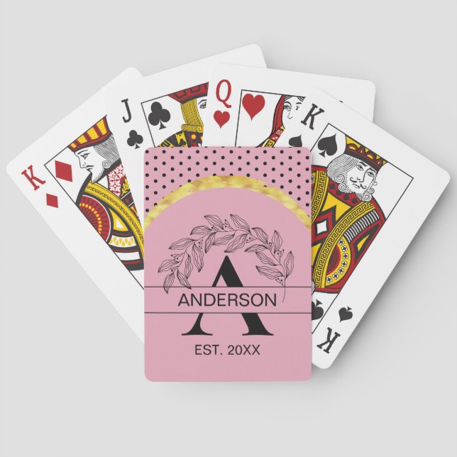 Jeu De Cartes Monogramme Botanique Or Rose Nom Personnalisé (dos)