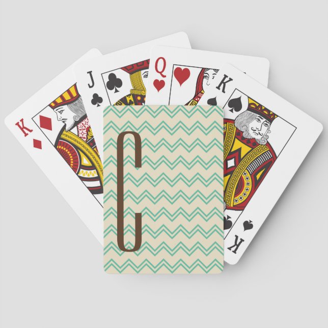 Jeu De Cartes Monogramme Brown sur Motif Turquoise Green Chevron (dos)