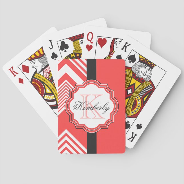 Jeu De Cartes Monogramme Chevron rouge et blanc (dos)