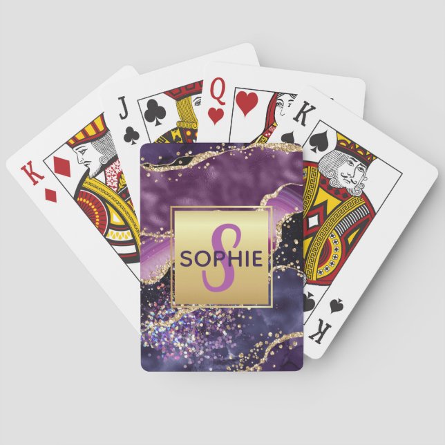 Jeu De Cartes Monogramme d'agate à paillettes de faux or et de r (dos)