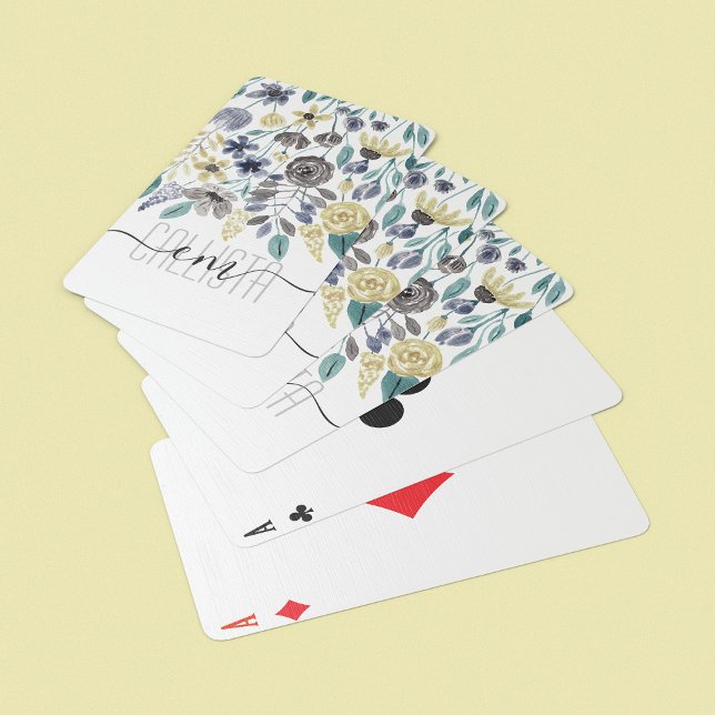 Jeu De Cartes Monogramme d'aquarelle florale gris moderne (Créateur téléchargé)