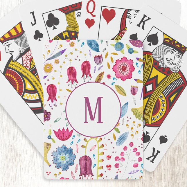Jeu De Cartes Monogramme d'aquarelle florale moderne (Modern personalized monogram initial watercolor floral botanical art playing cards)