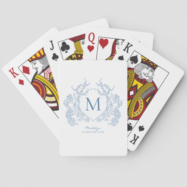 Jeu De Cartes Monogramme de crête Florale Bleu Français Classiqu (dos)