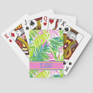 Jeu De Cartes Monogramme de feuilles de palmier roses et vertes