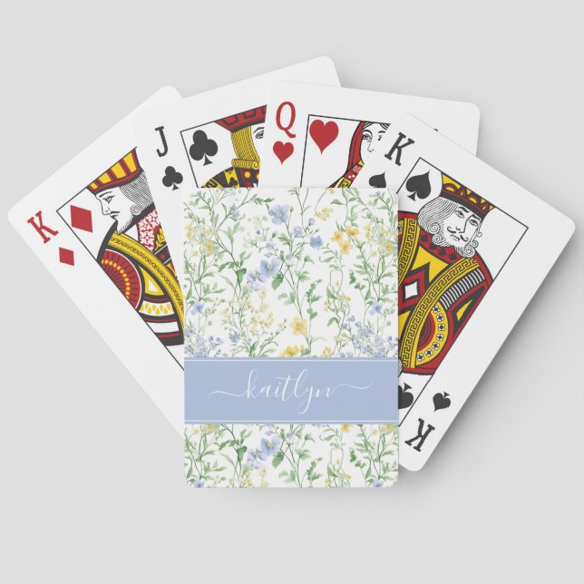 Jeu De Cartes Monogramme de fleur sauvage à l'aquarelle bleue (dos)
