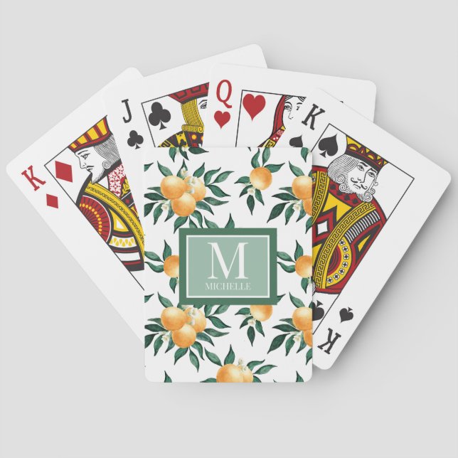 Jeu De Cartes Monogramme de nom à l'aquarelle Citrus Orange (dos)