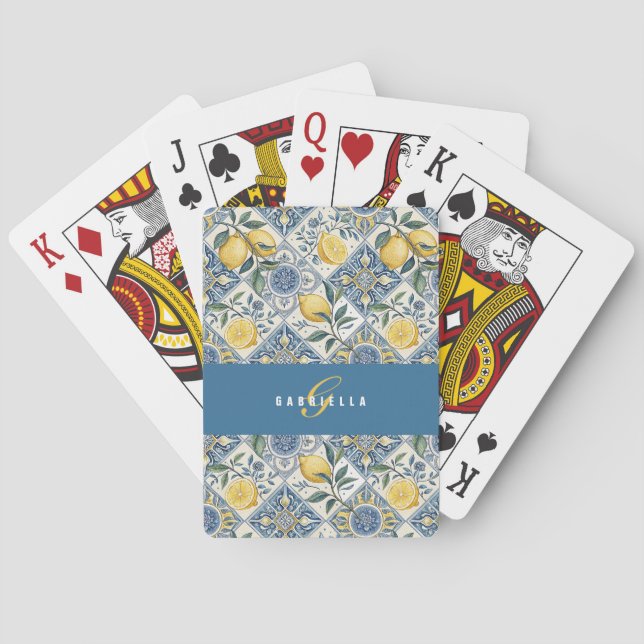 Jeu De Cartes Monogramme de nom aquarelle citron bleu (dos)