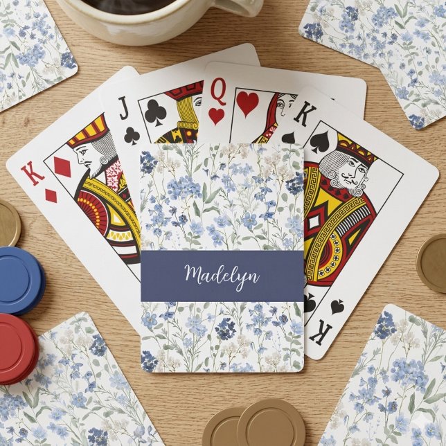 Jeu De Cartes Monogramme de nom aquarelle de fleur sauvage bleue (Créateur téléchargé)